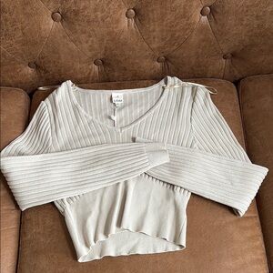 Ivory Ribbed V-Neck Sweater